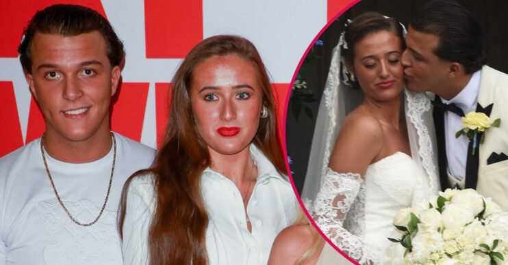 Image of Venezuela Fury and Noah Price posing for a photo and a snap of Venezuela Fury beside Noah Price on their wedding day, Noah is leaning in for a kiss
