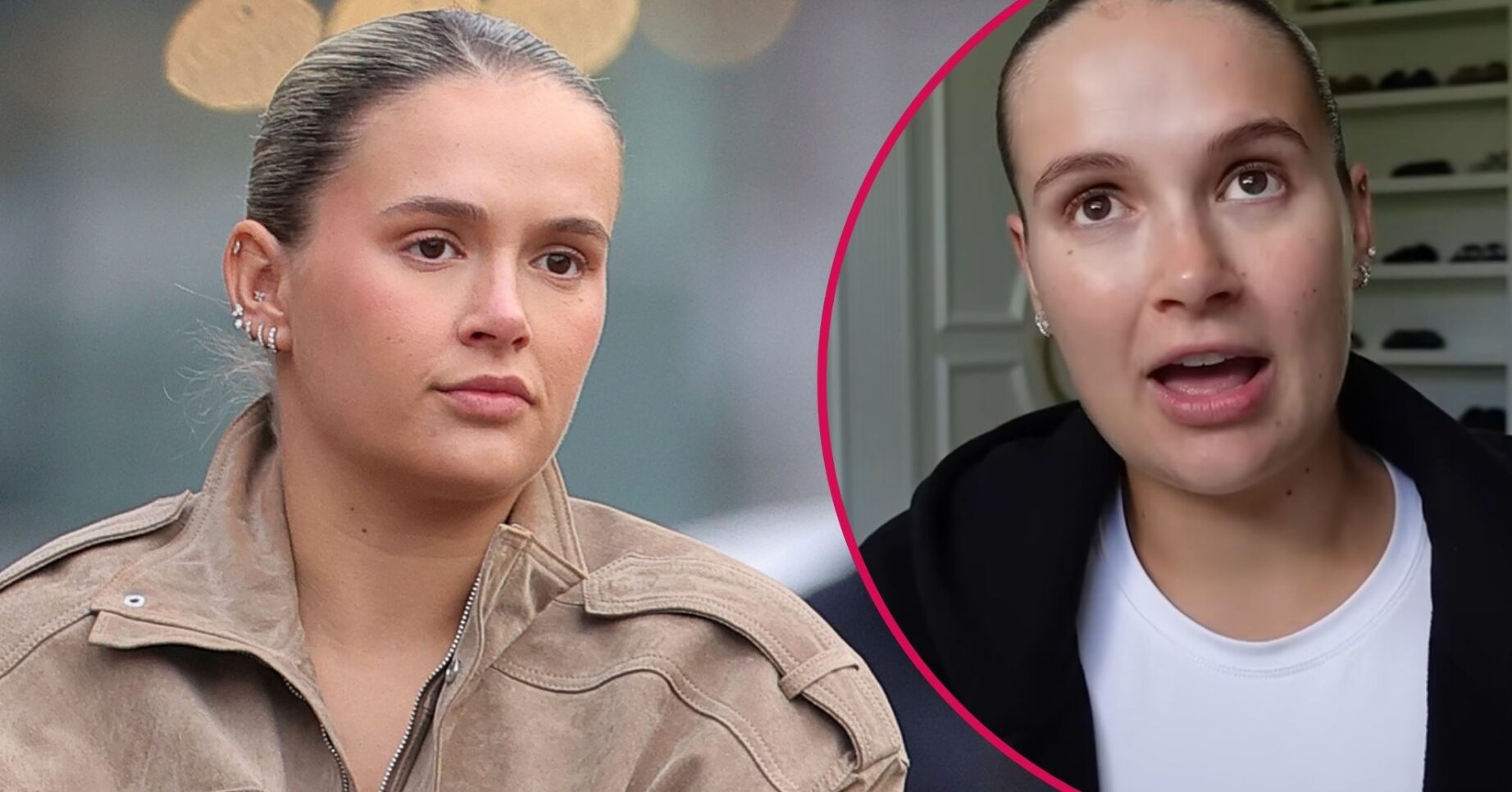 Molly-Mae Hague frowning beside a screenshot from her recent Youtube video where she looks shocked