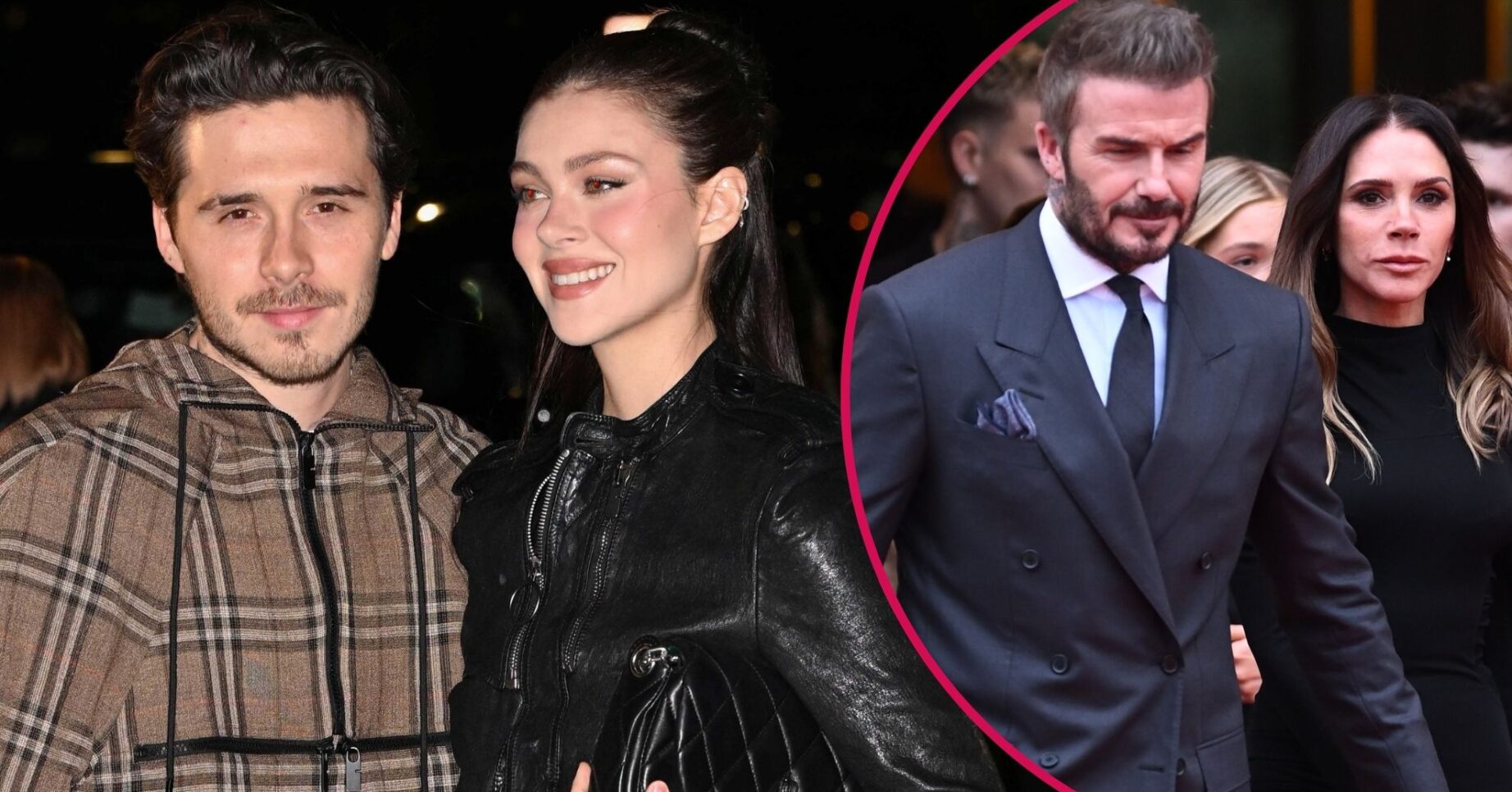 Brooklyn Beckham, Nicola Peltz smiling beside a frowning David and Victoria Beckham