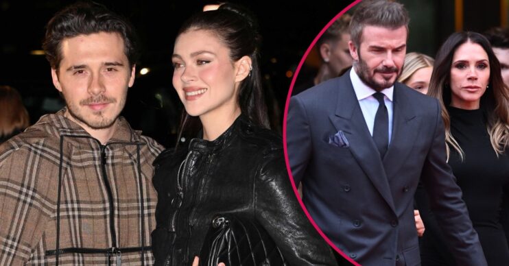 Brooklyn Beckham, Nicola Peltz smiling beside a frowning David and Victoria Beckham