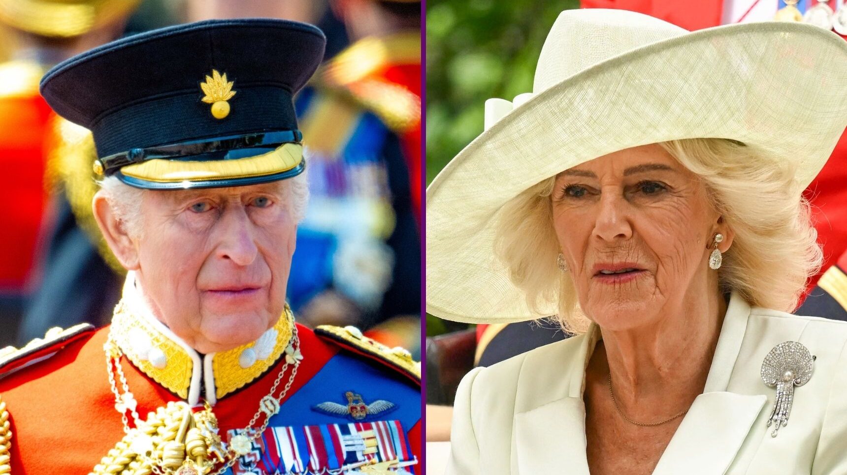 RI composite of King Charles at Trooping the Colour and Queen Camilla at Royal Ascot