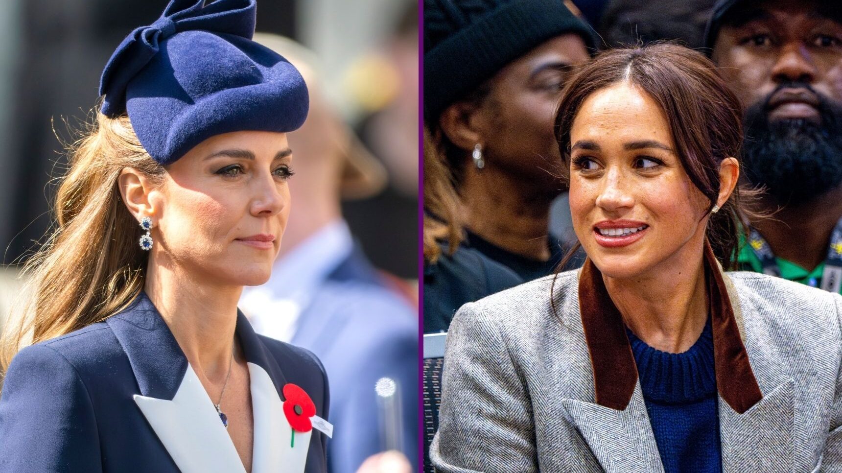 Princess Kate frowning beside a smiling Meghan Markle