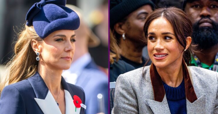 Princess Kate frowning beside a smiling Meghan Markle