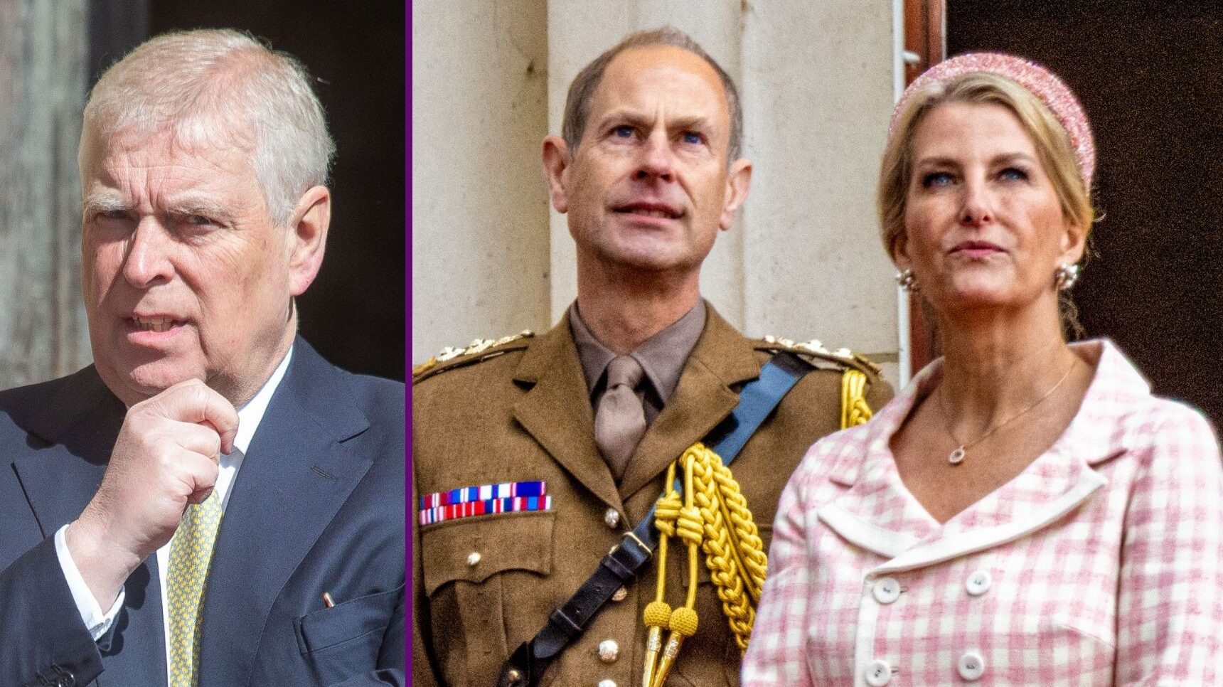 RI composite of Andrew Mountbatten-Windsor in suit and Prince Edward and Sophie on palace balcony