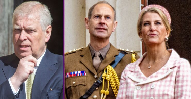 RI composite of Andrew Mountbatten-Windsor in suit and Prince Edward and Sophie on palace balcony