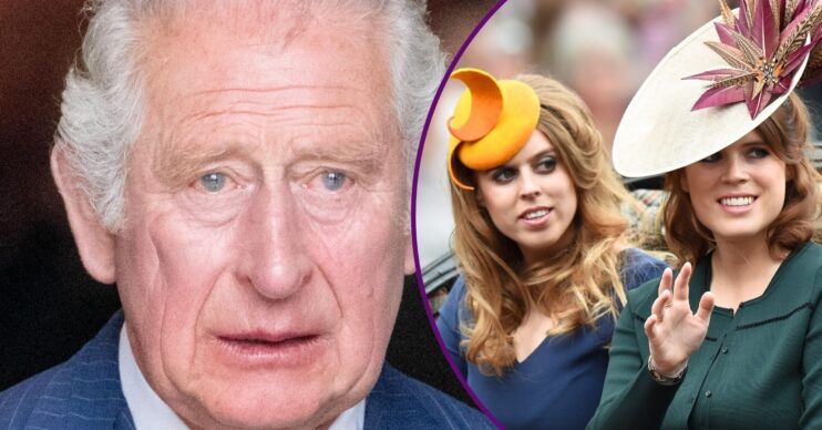 King Charles with a shocked expression beside an image of Princesses Beatrice and Eugenie riding in a carriage wearing hats