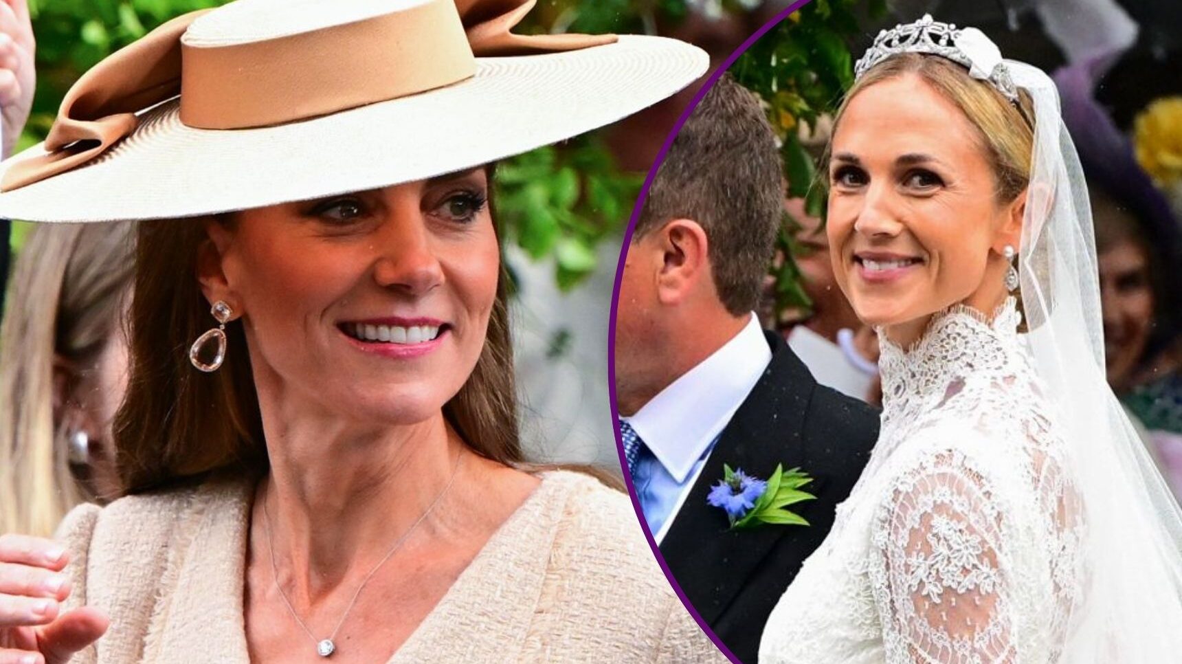 Princess Kate Middleton wearing a cream hat and Harriet Sperling on her wedding day