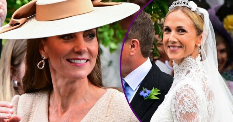 Princess Kate Middleton wearing a cream hat and Harriet Sperling on her wedding day