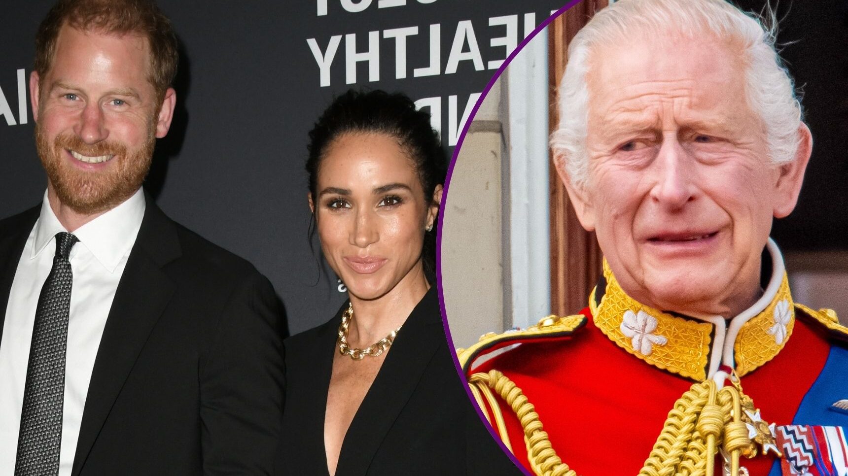 Harry and Meghan smiling beside a grimacing King Charles