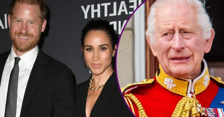 Harry and Meghan smiling beside a grimacing King Charles