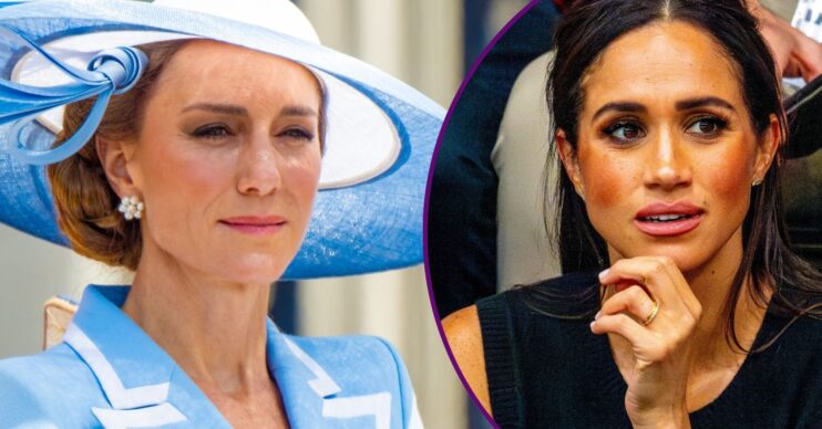 Princess Kate frowning beside Meghan Markle