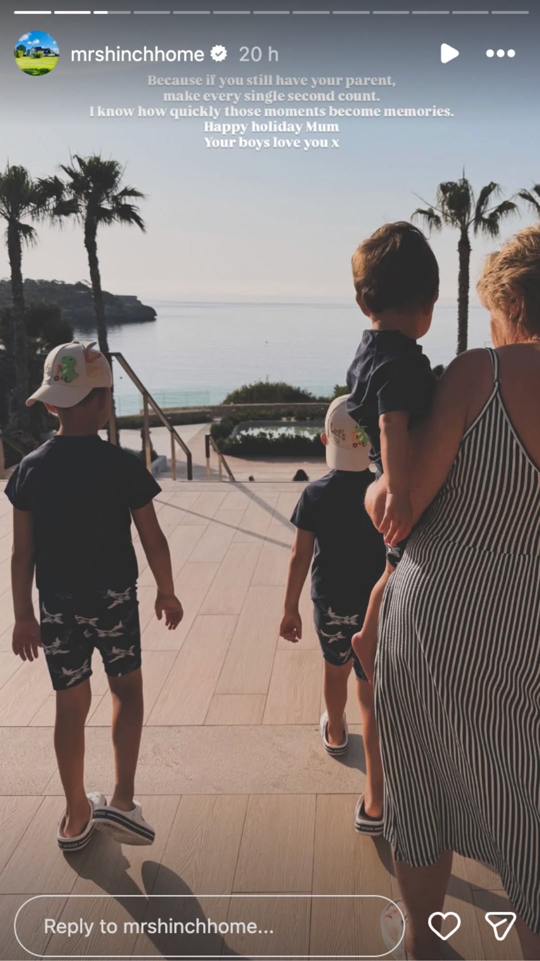 Sophie Hinchliffe's three sons and her mum on holiday 