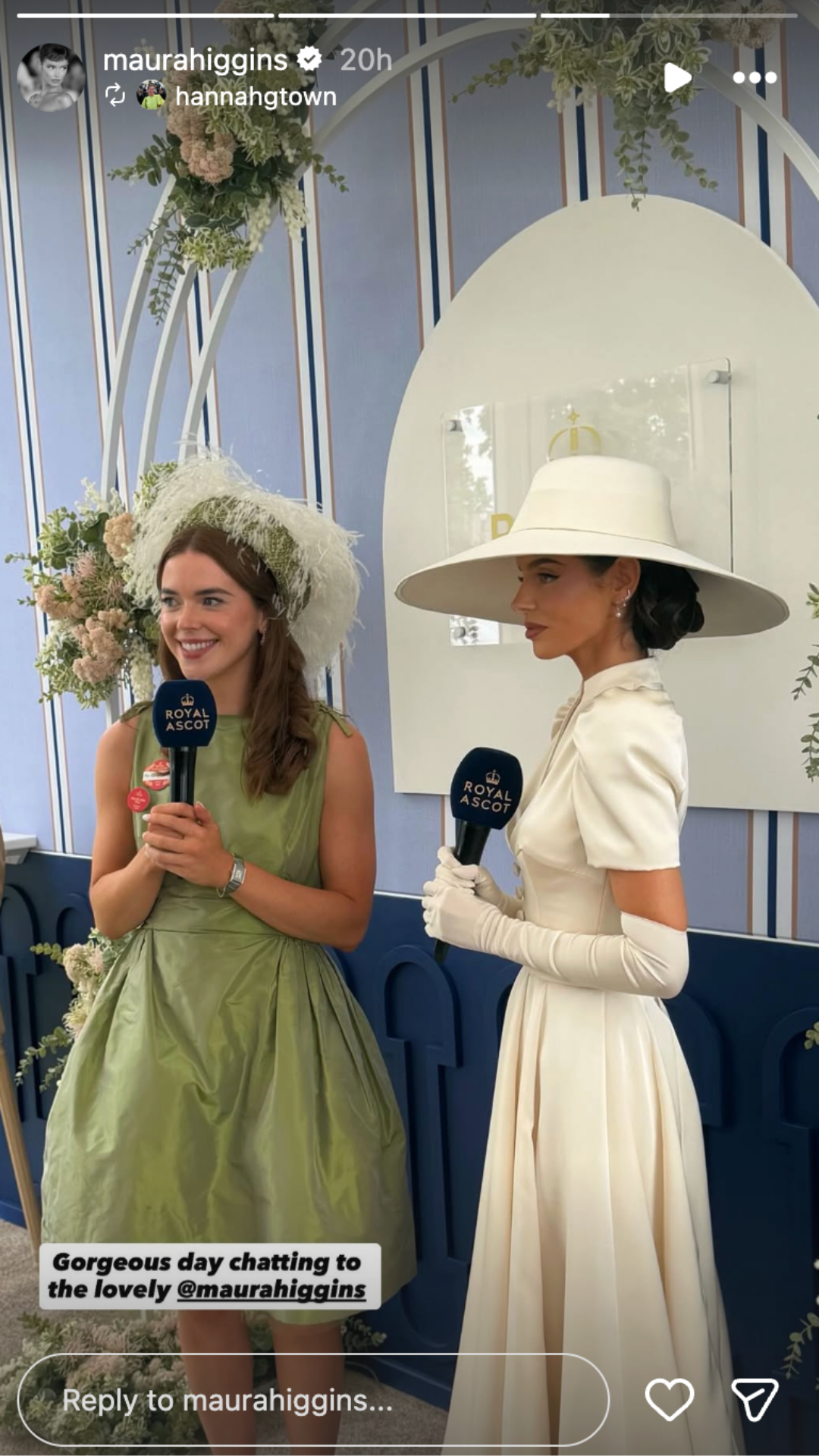 Maura Higgins wearing a white ensemble during an interview at Royal Ascot