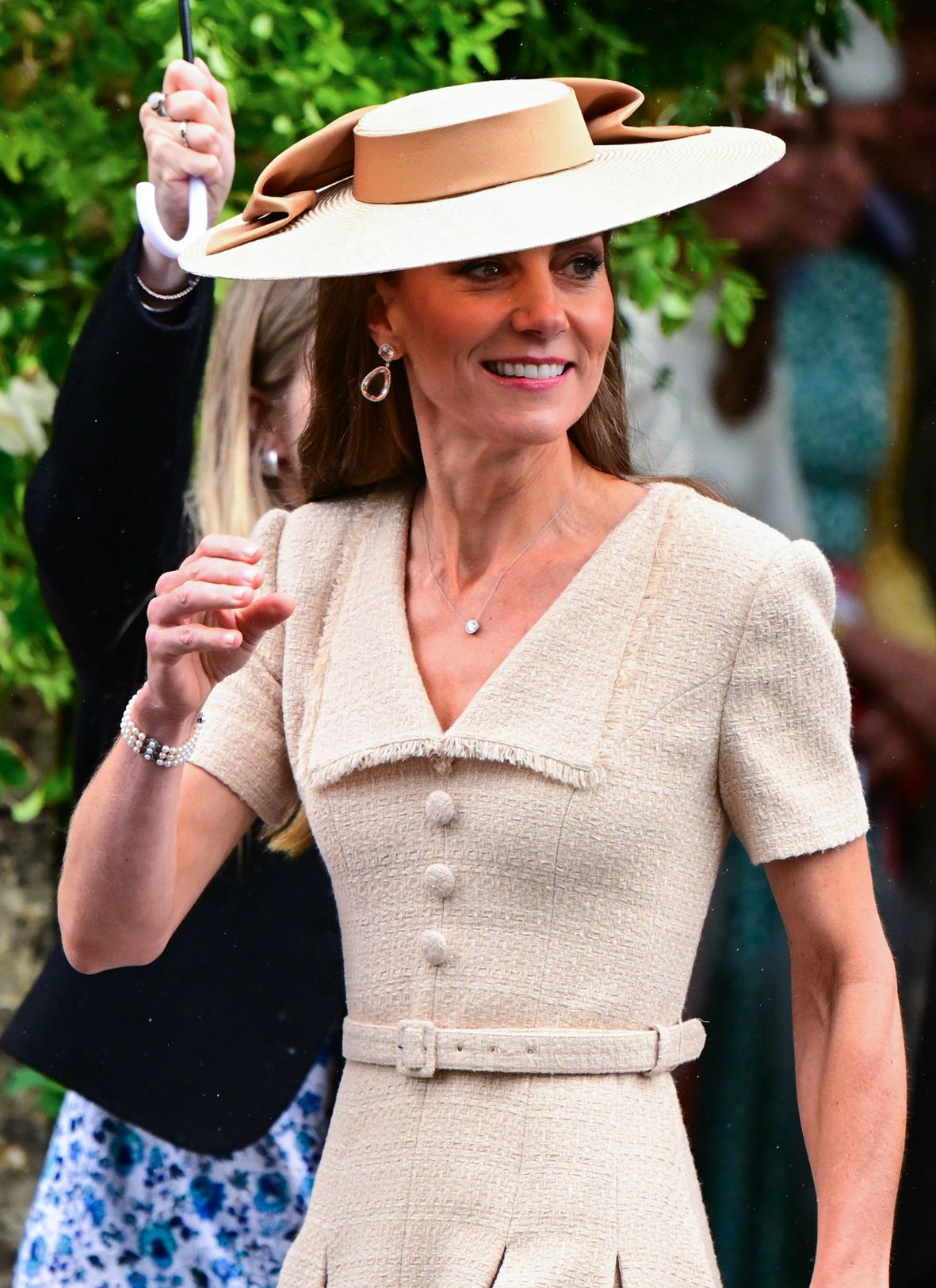 Princess Kate Middleton in a cream outfit on Harriet Sperling's wedding day