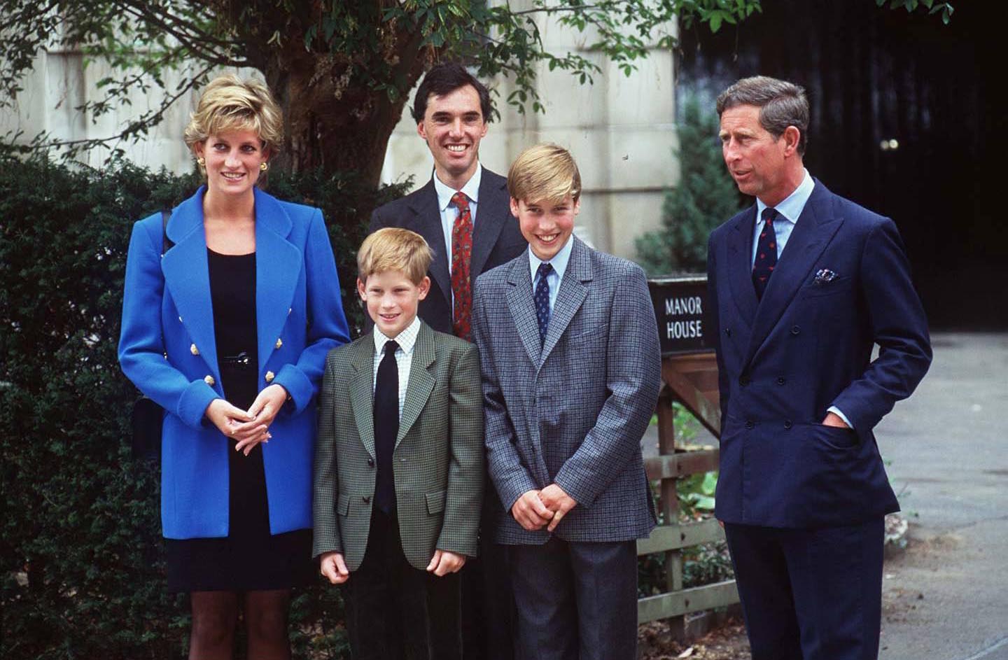 Princess Diana, Harry, William and Prince Charles on William's first day at Eton College