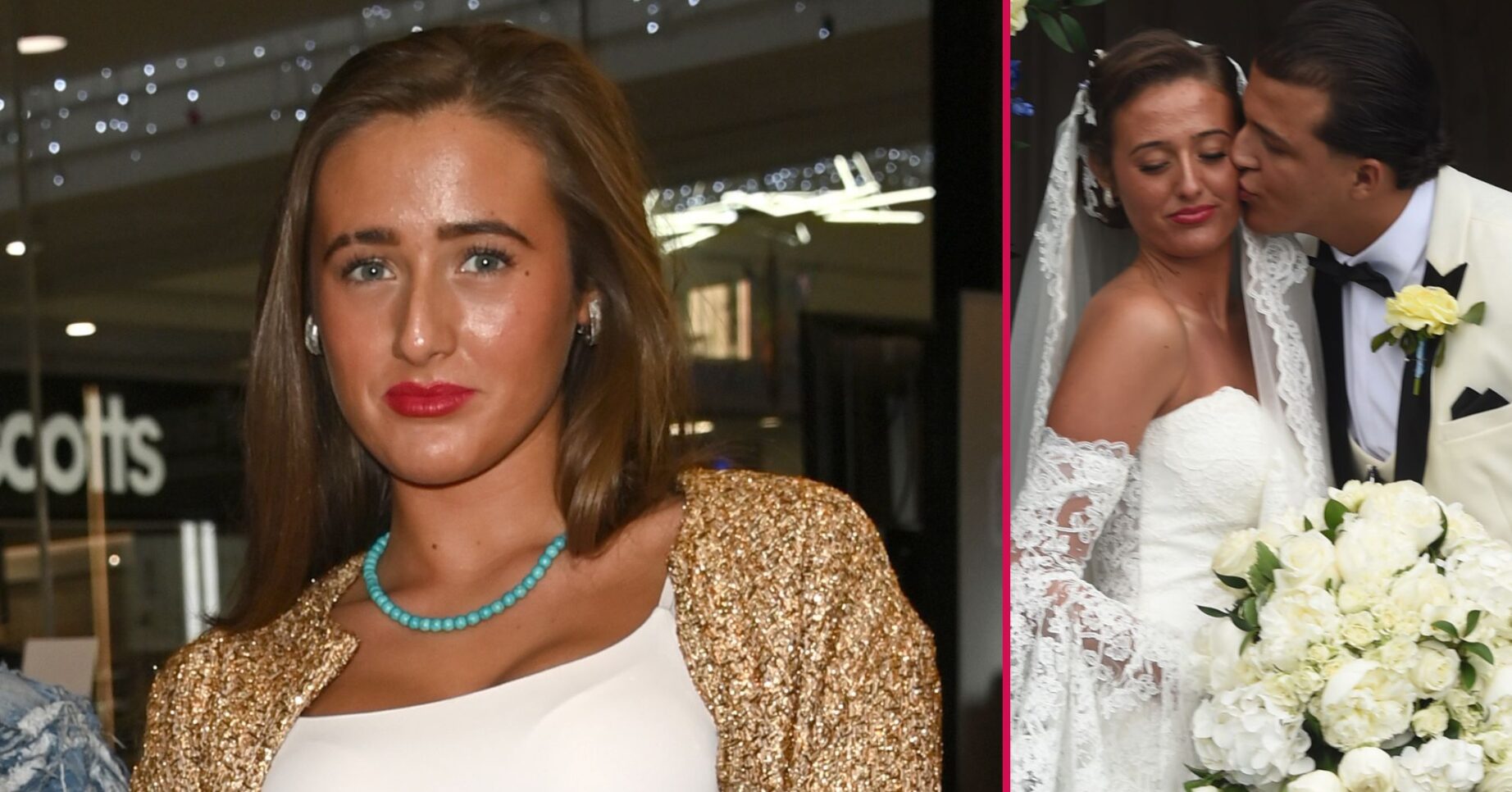 Venezuela Fury with a serious expression beside a snap of her and husband Noah Price on their wedding day sharing a kiss