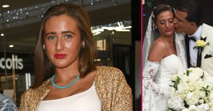 Venezuela Fury with a serious expression beside a snap of her and husband Noah Price on their wedding day sharing a kiss