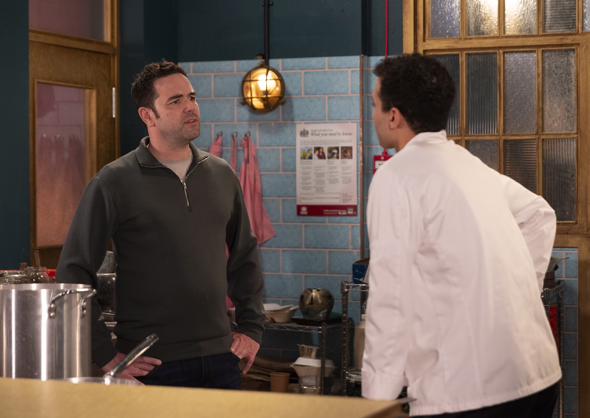 Ben and Ollie rowing at Speed Daal in Coronation Street