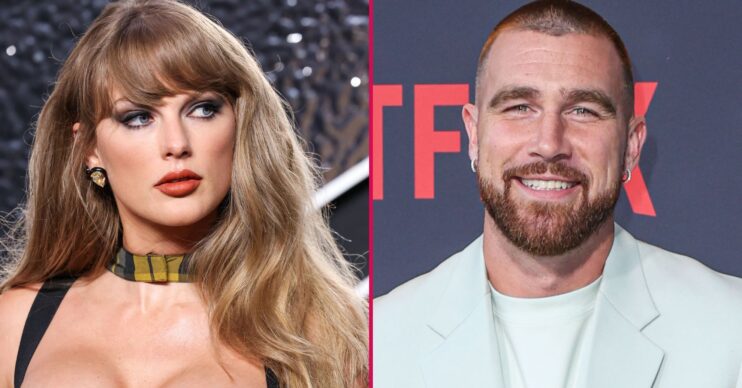Taylor Swift with a serious expression and Travis Kelce smiling