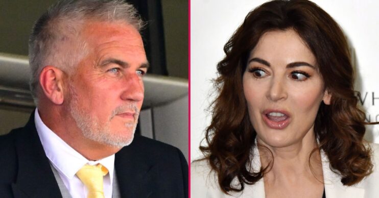 Paul Hollywood frowning beside Nigella Lawson with a shocked expression