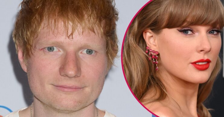 Ed Sheeran and Taylor Swift with serious expressions