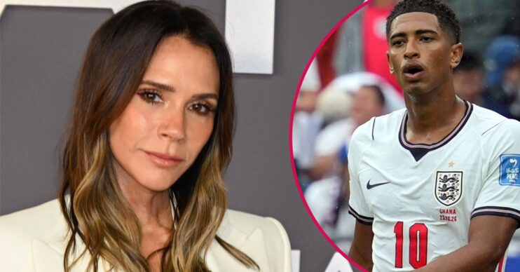 Victoria Beckham posing beside Judge Bellingham with a shocked expression