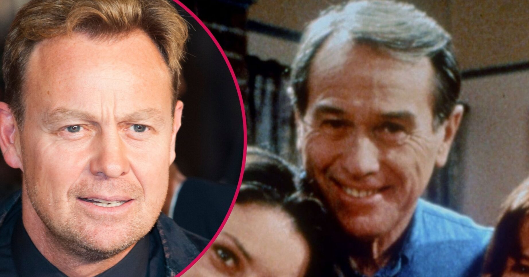 Jason Donovan frowning beside an image of his father Terence Donovan on set of Neighbours