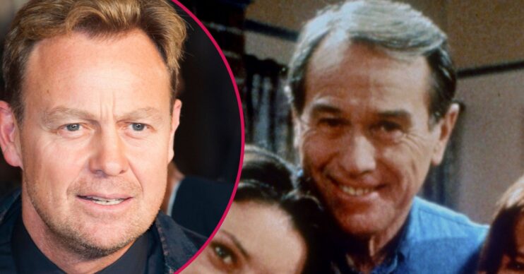 Jason Donovan frowning beside an image of his father Terence Donovan on set of Neighbours