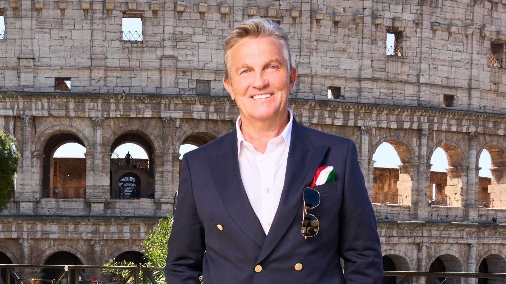 Bradley Walsh in white shirt and navy jacket in Rome