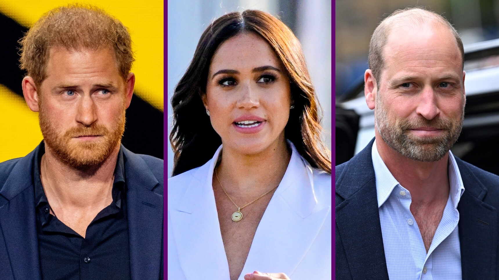 RI composite of Prince Harry, Meghan Markle and Prince William during public appearances