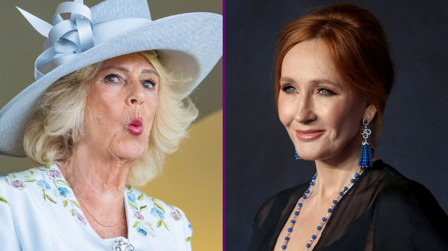 Shocked Queen Camilla beside a smiling J.K.Rowling