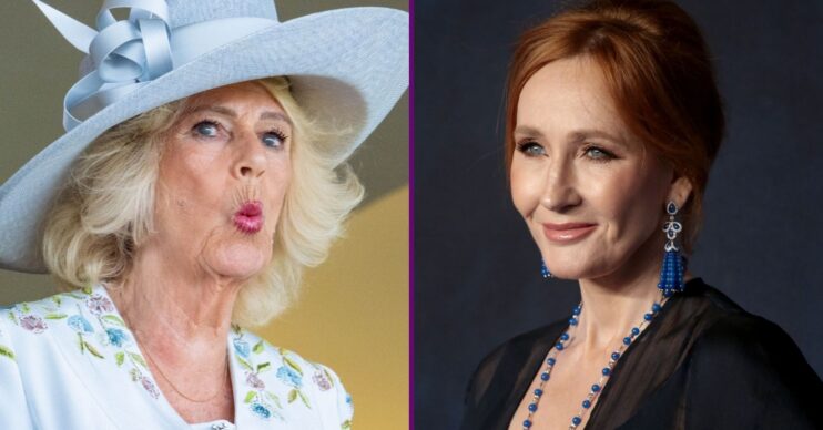 Shocked Queen Camilla beside a smiling J.K.Rowling