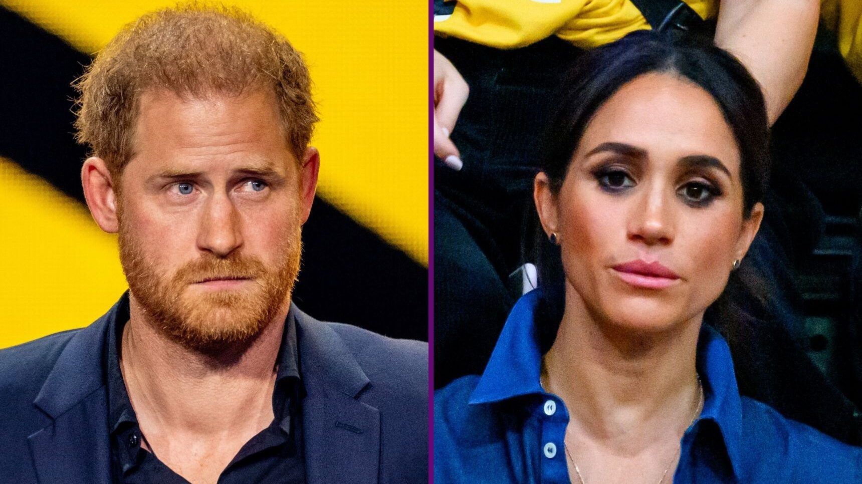 RI composite of Prince Harry and Meghan Markle looking serious at Invictus Games