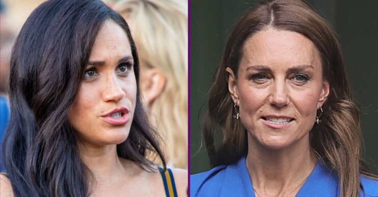 Meghan Markle frowning beside a smiling Princess Kate Middleton