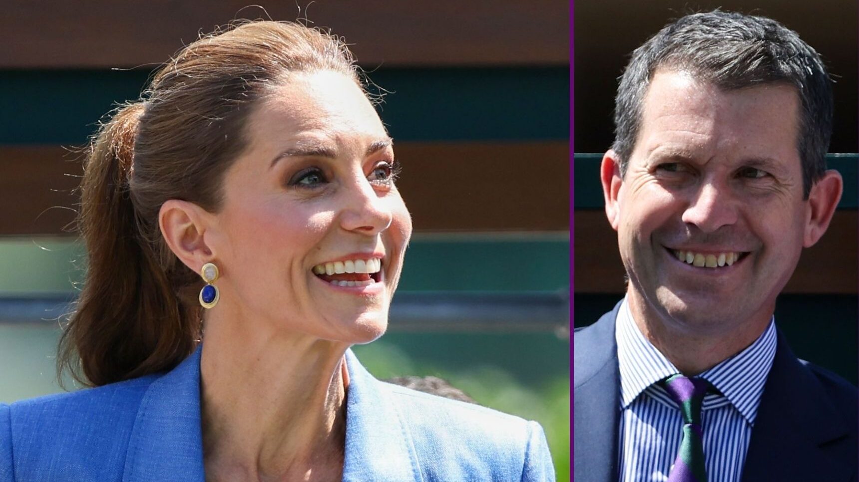 Composite of Princess Kate and Tim Henman smiling at Wimbledon
