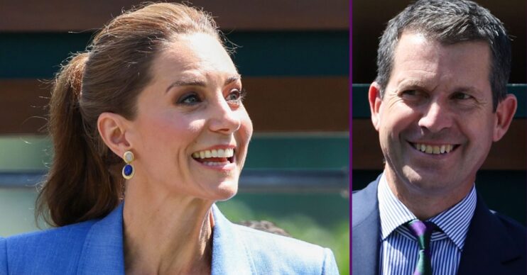 Composite of Princess Kate and Tim Henman smiling at Wimbledon