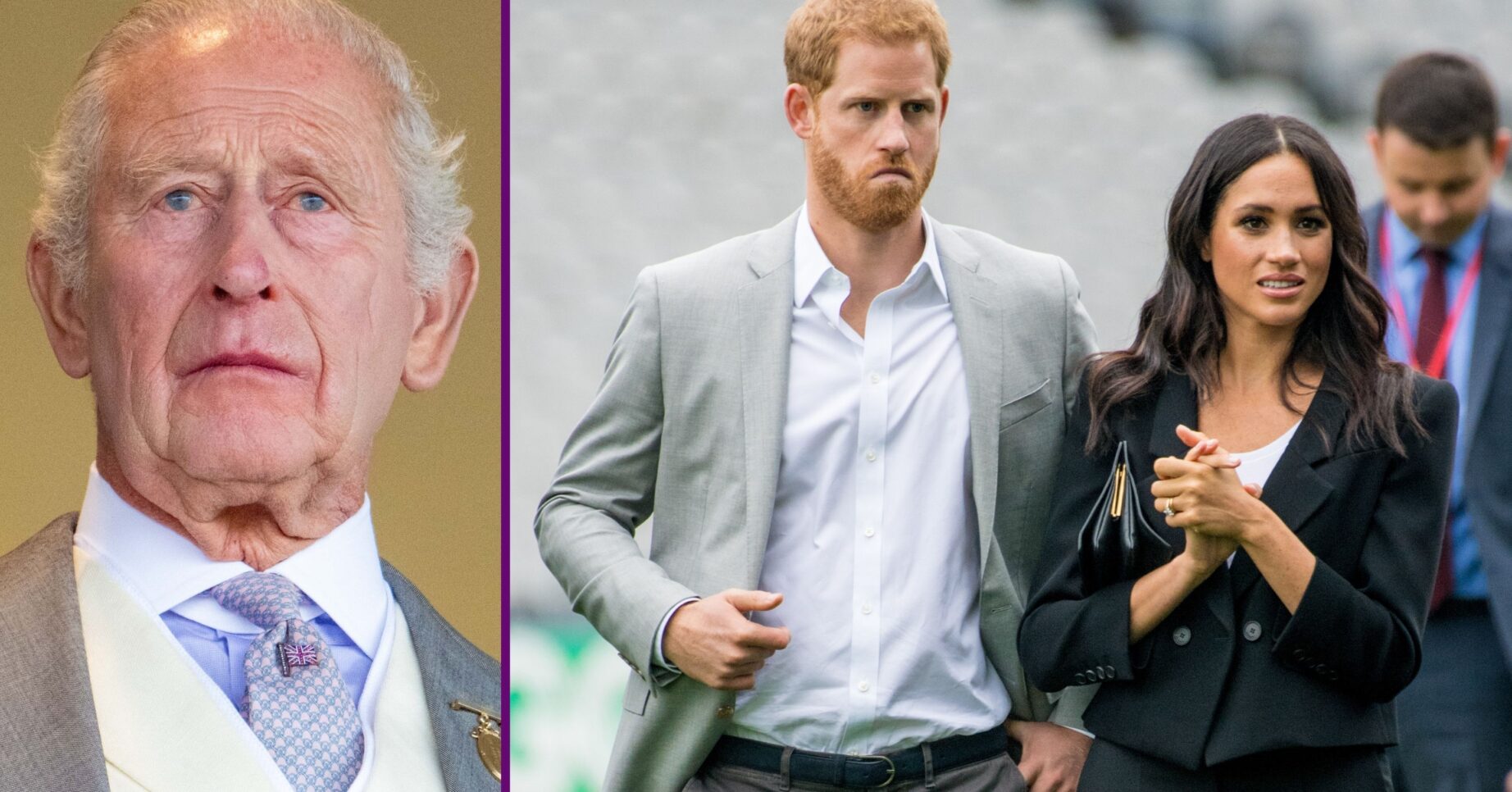 King Charles frowning beside Harry and Meghan also frowning