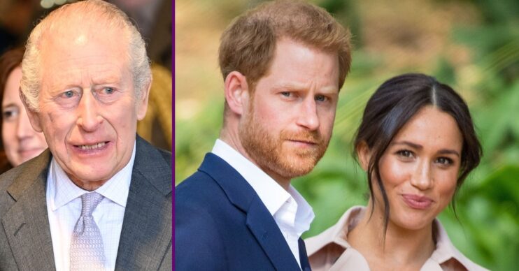 RI composite of King Charles in grey suit and Prince Harry and Meghan during engagement