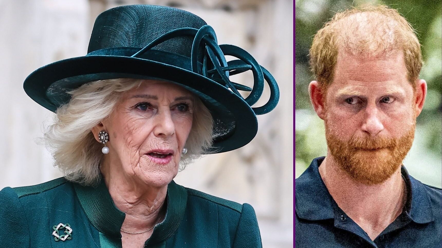 RI composite of Queen Camilla and Prince Harry looking serious