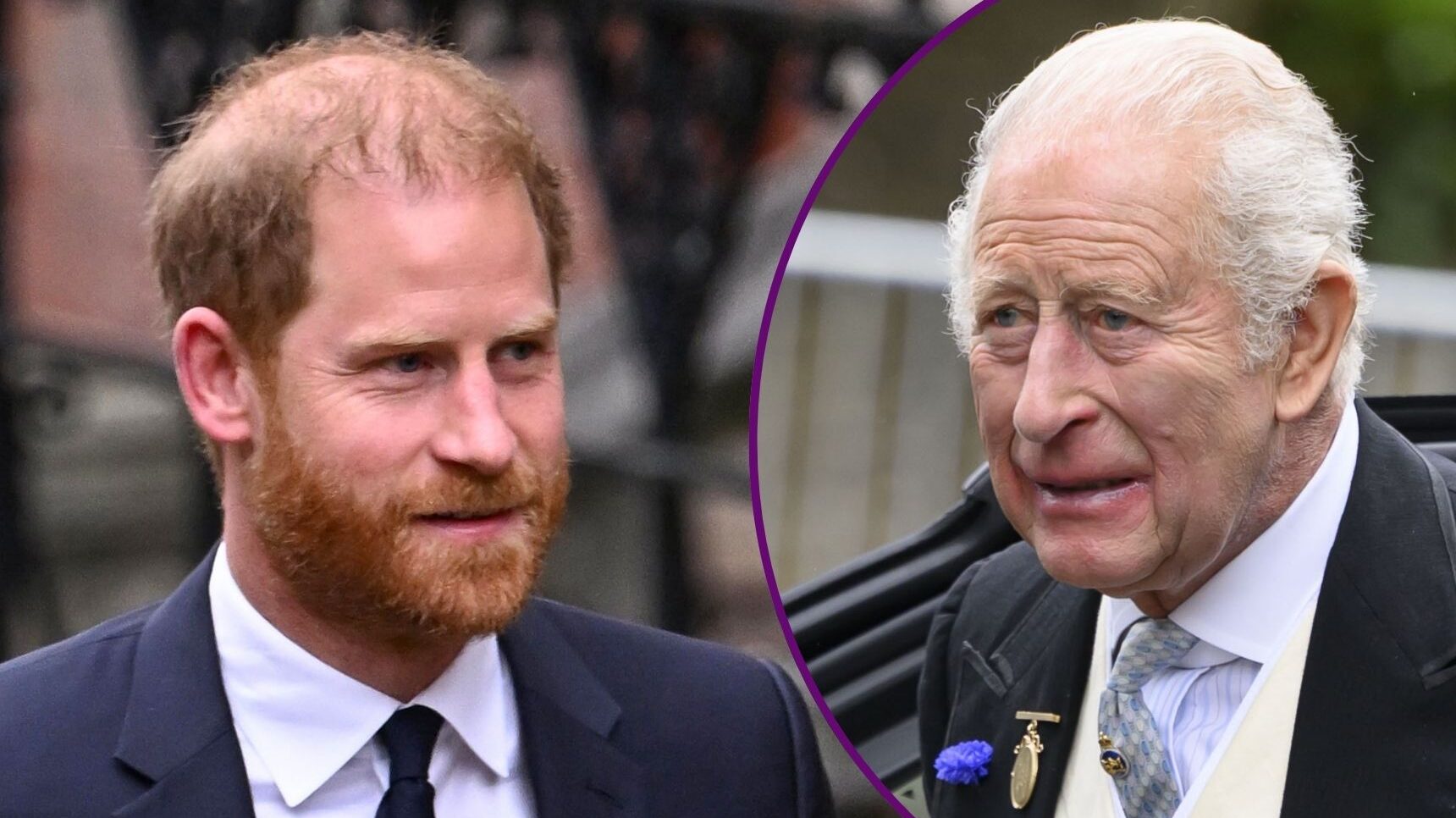 RI composite of Prince Harry on UK visit and King Charles at wedding