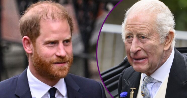 RI composite of Prince Harry on UK visit and King Charles at wedding