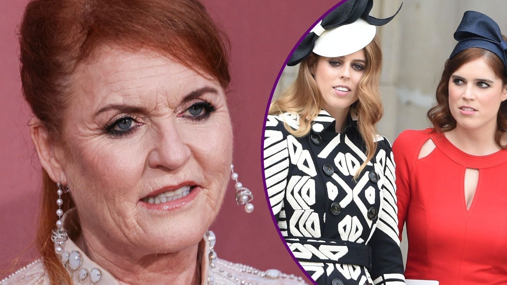 Sarah Ferguson smiling beside Beatrice and Eugenie with shocked expressions