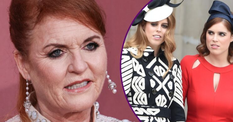 Sarah Ferguson smiling beside Beatrice and Eugenie with shocked expressions