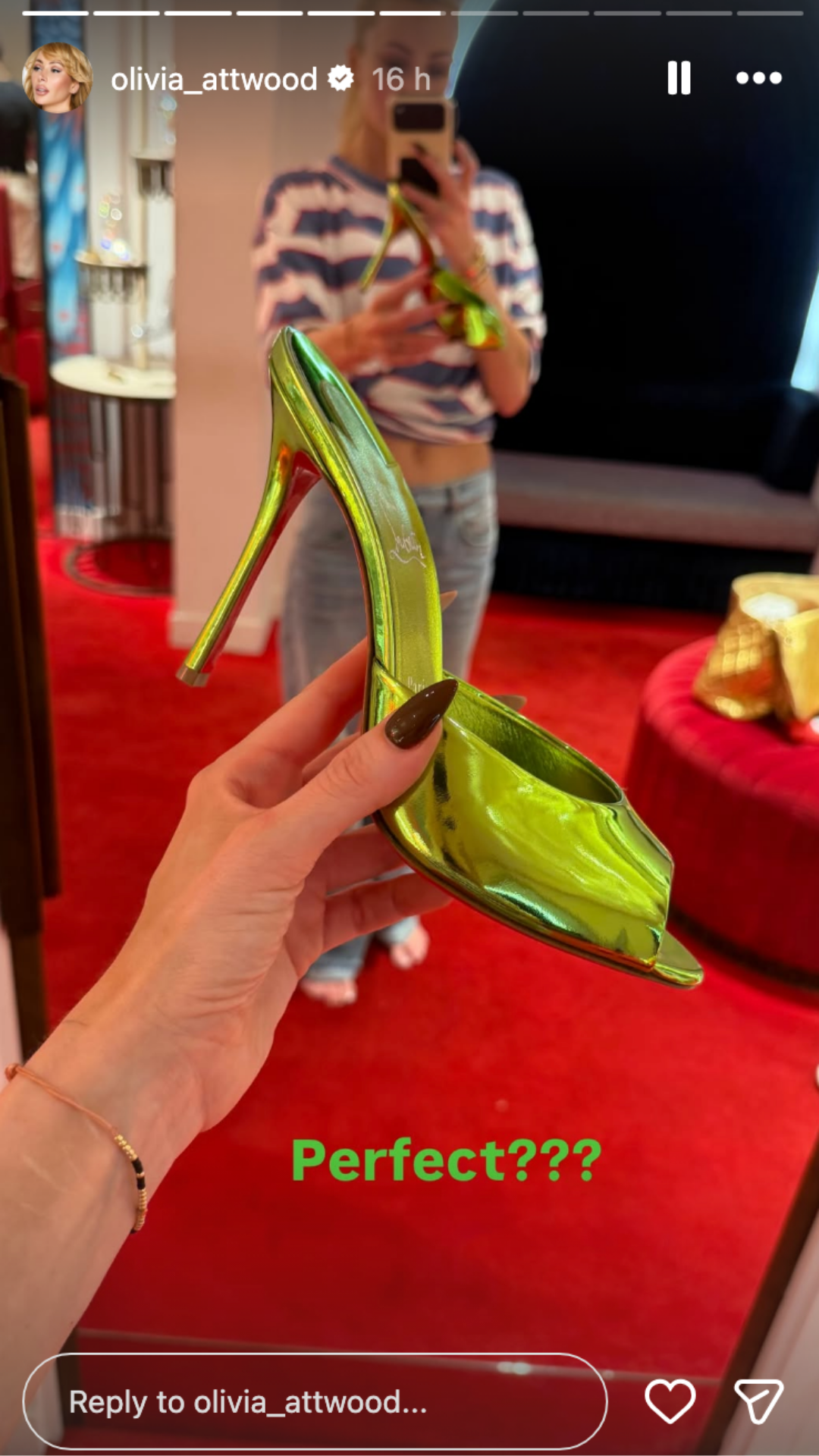 Olivia Attwood filming a green metallic shoe