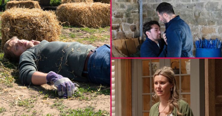 Robert, Mack and Ross and Dawn in Emmerdale (Credit: ITV)
