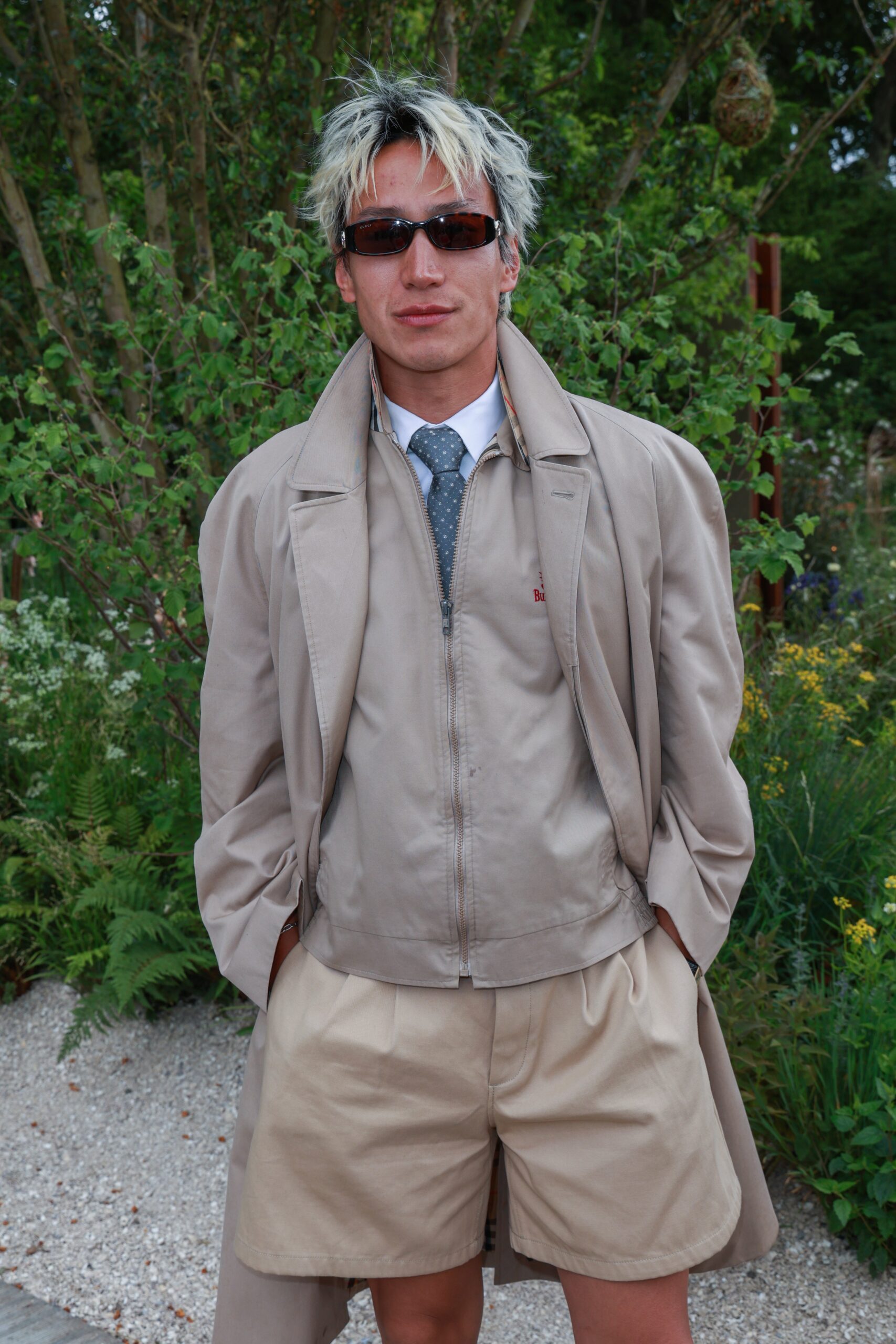 Carlos Gu wearing sunglasses and posing at RHS Chelsea flower show