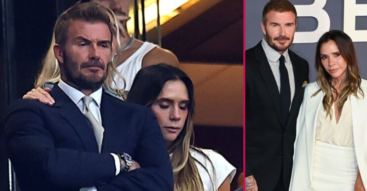 David Beckham frowning as Victoria Beckham looks down and comforts him beside an image of the couple smiling on the red carpet