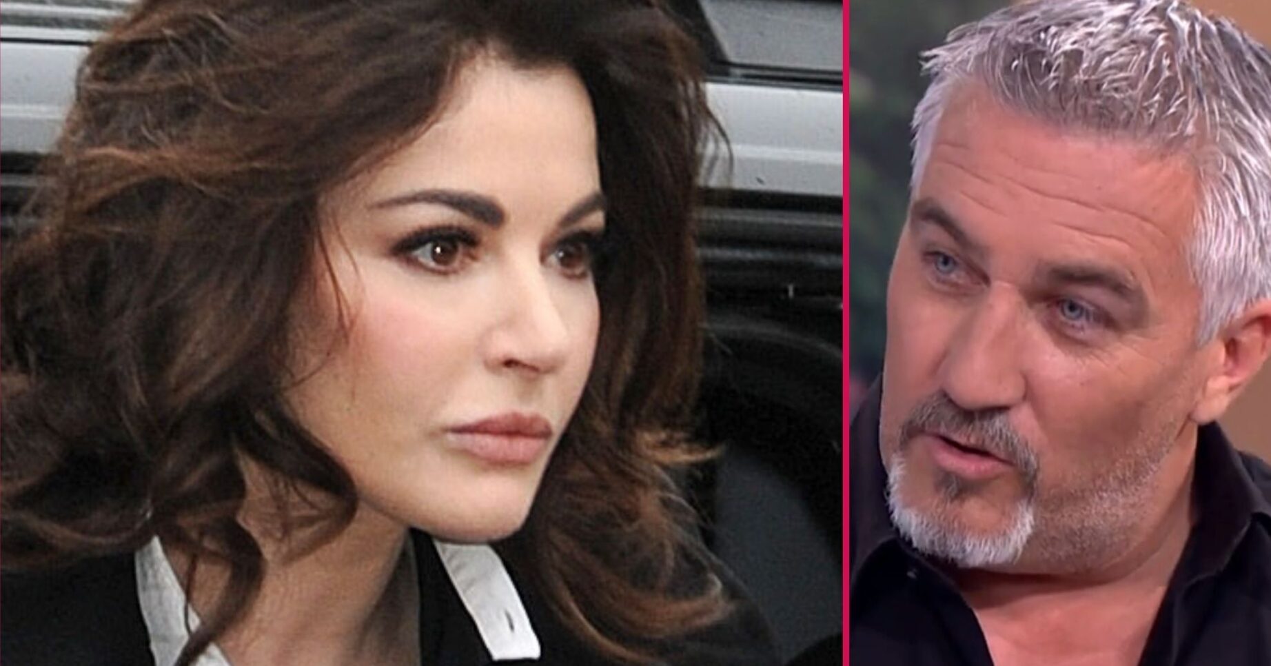 Nigella Lawson frowning beside Paul Hollywood talking
