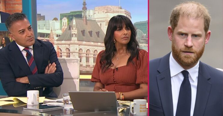 ED composite of Adil Ray and Ranvir Singh on GMB and Prince Harry in suit on UK visit