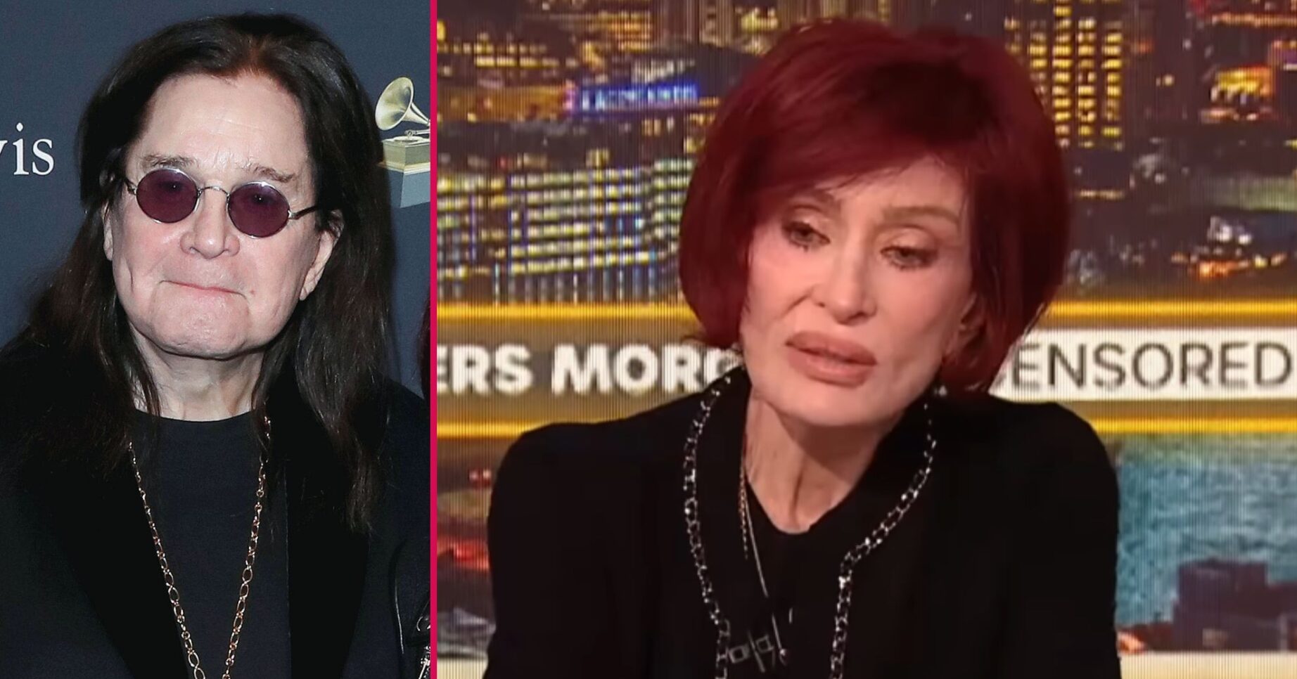 ED composite of Ozzy Osbourne at event and Sharon Osbourne on Piers Morgan Uncensored